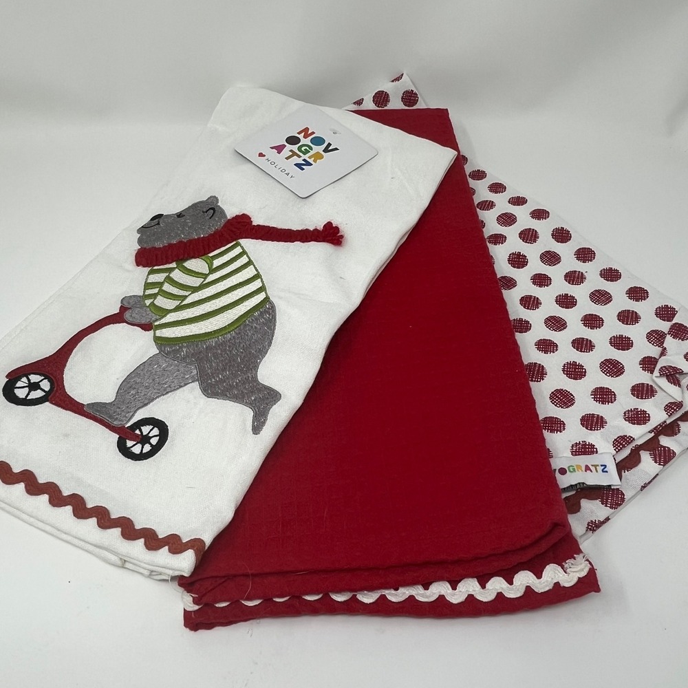 Novogratz Holiday Kitchen Towels 3-Piece Set Bear Red Polka Dot Cotton Scooter